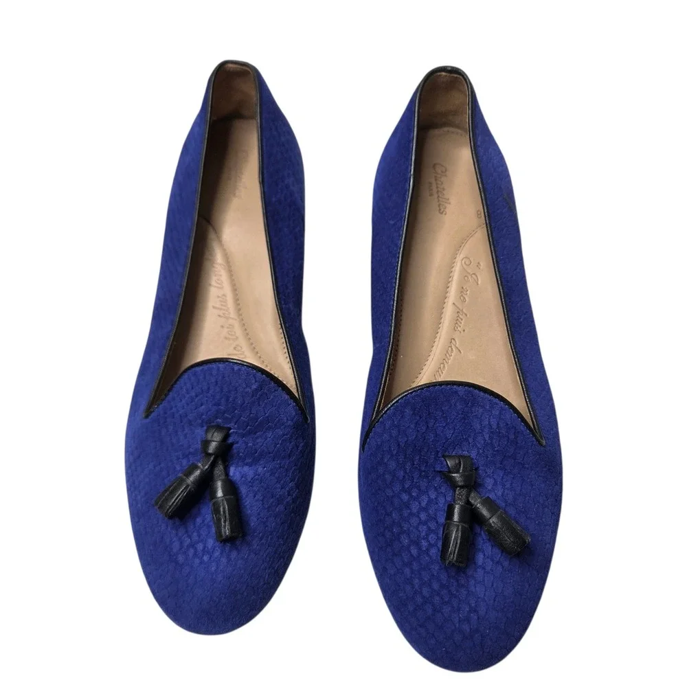 Chatelles Paris Womens Blue Suede Snakeskin Tassel Loafers Size 38 French Chic